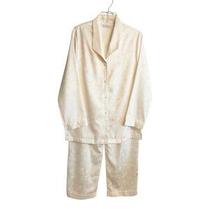 VTG  Erika Taylor Ivory Satin Pajama Set 2-Piece M Jacquard Floral Top & Pants